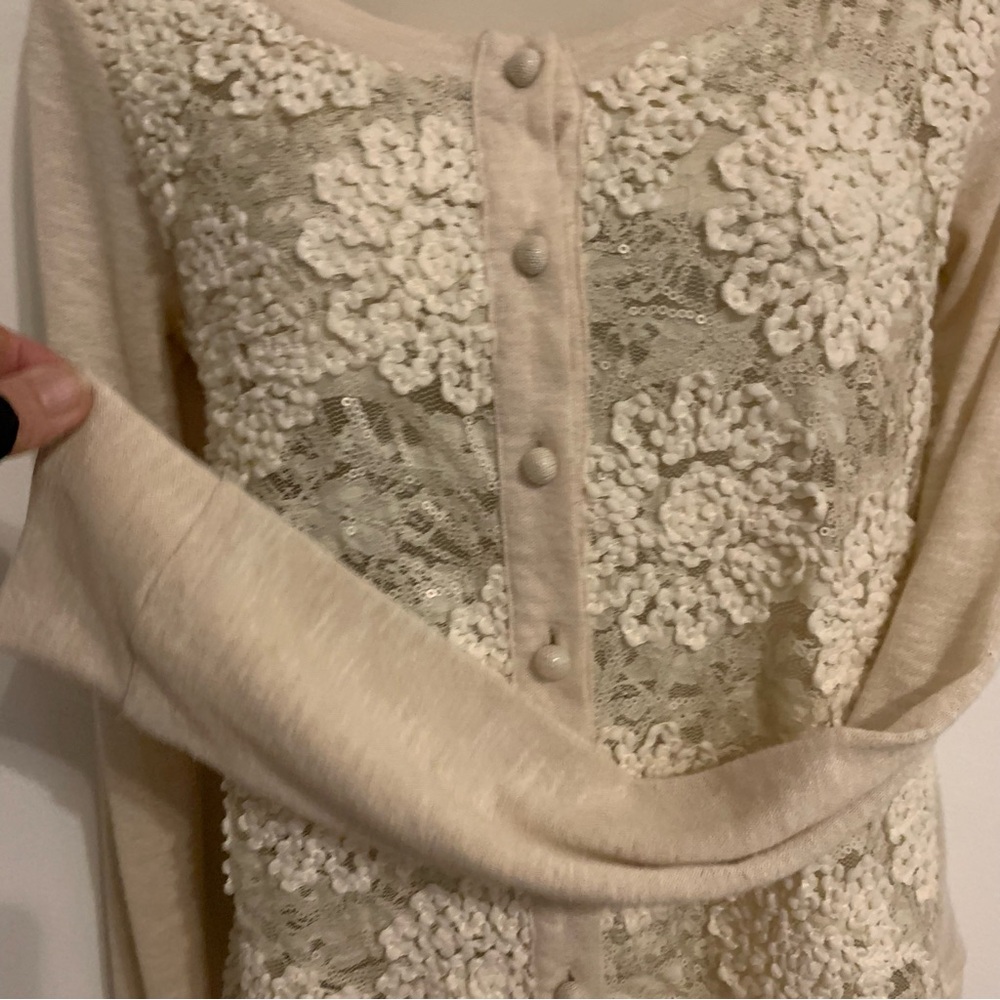 Vtg A'Reve Cream Taupe Lace Front Button Cardigan Sweater sheer mesh sequins S